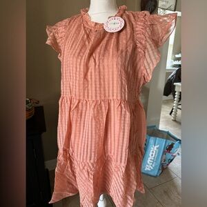 NWT Umgee Coral Striped Ruffle lined Dress SZ LG pit2pit 22” Length 35”